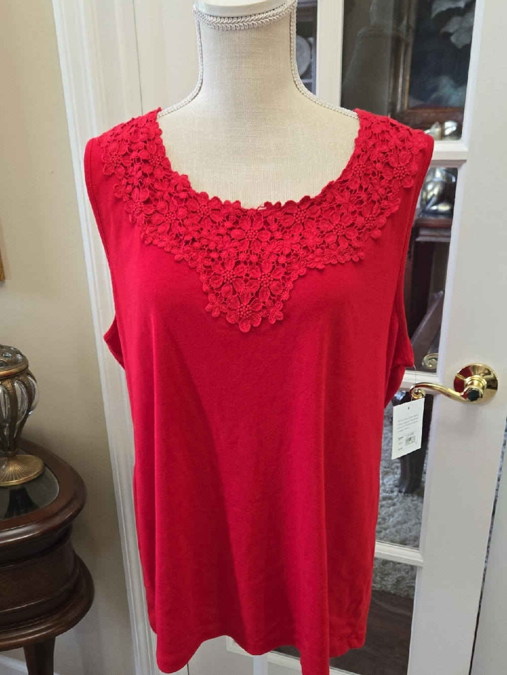 croft & barrow Tango Red Floral Crochet Yoke Sleeveless Tank 100% Cotton 2X NEW